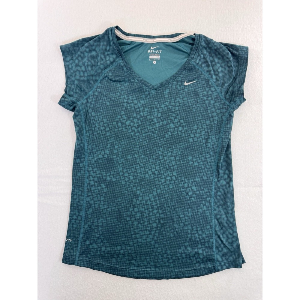 Nike Miler Running Womens V-Neck Shirt Small Green Geometric Dri-FIT EUC